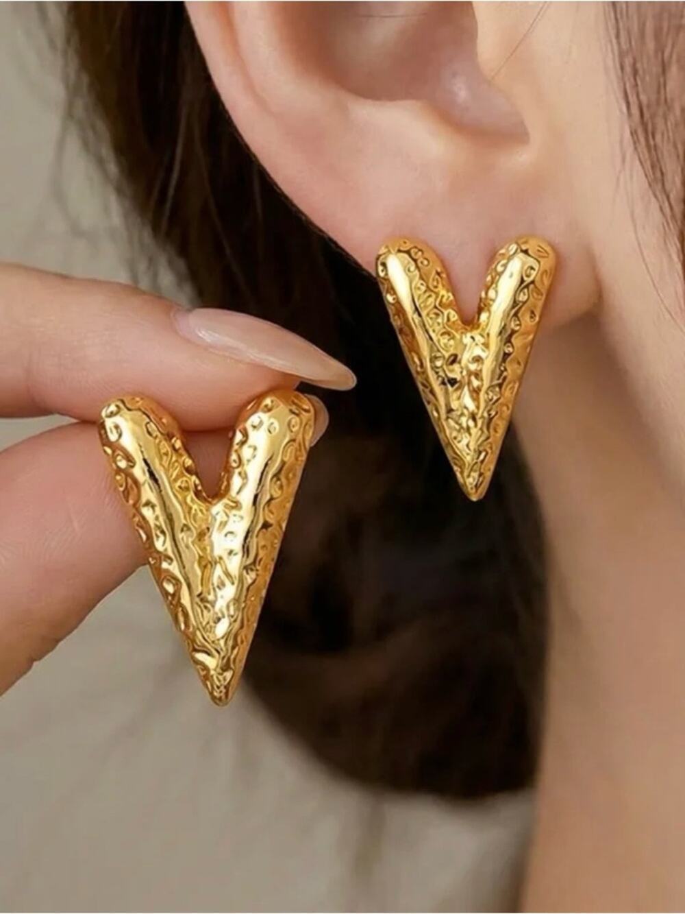 Gold Plated Textured Hammered V-Shape Studs Earrings